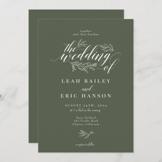 Olive Branch Calligraphy Hand Drawn Wedding Kaart (Voorkant / Achterkant)