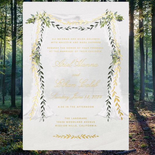 Olive Branch Chuppah Forest Wedding Gold Folie Uitnodiging