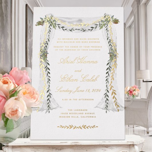 Olive Branch Chuppah Wedding Gold Folie Uitnodiging