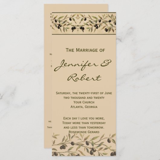 Olive Branch: Een Toscaans Touch huwelijksprogramm Programmakaart (Voorkant / Achterkant)