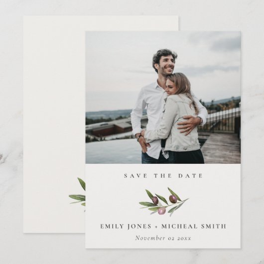 Olive Branch Foliage Save the Date Photo Card Bedankkaart (Voorkant / Achterkant)