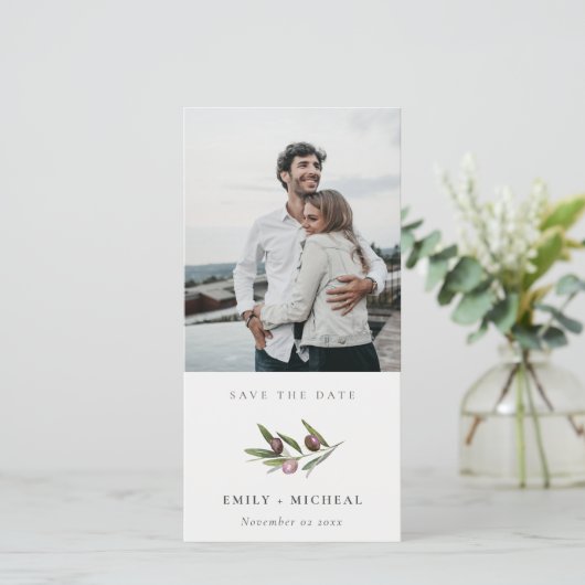 Olive Branch Foliage Save the Date Photo Card Bedankkaart (Staand voorkant)