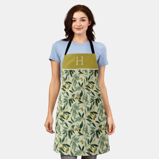Olive Branch Monogram Initial All-Over Print Apron Schort (Gedragen)