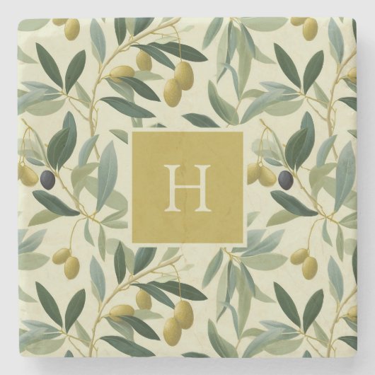 Olive Branch Monogram Initial Botanical Stenen Onderzetter (Voorkant)