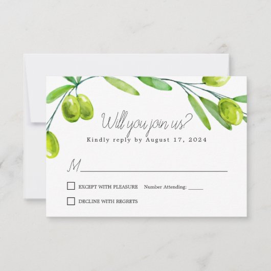 Olive Branch Script Klassieke Reactiekaart RSVP Kaartje (Voorkant)