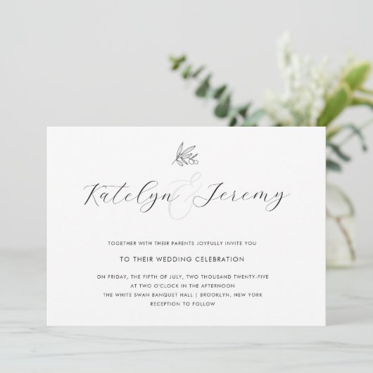 Olive Branch Script Wedding Invitation Kaart (Staand voorkant)