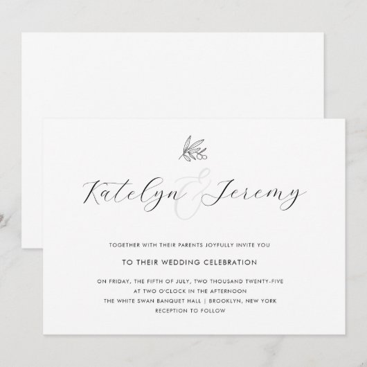 Olive Branch Script Wedding Invitation Kaart (Voorkant / Achterkant)
