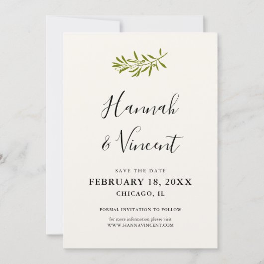Olive Branch sla de datumkaart op | Ivory Save The Date (Voorkant)