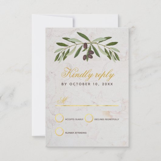 Olive Branch Wedding Elegant Script Faux Gold Foil RSVP Kaartje (Voorkant)