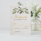 Olive Branch Wedding Elegant Script Faux Gold Foil RSVP Kaartje (Staand voorkant)