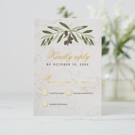 Olive Branch Wedding Elegant Script Faux Gold Foil RSVP Kaartje (Staand voorkant)