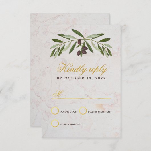Olive Branch Wedding Elegant Script Faux Gold Foil RSVP Kaartje (Voorkant / Achterkant)