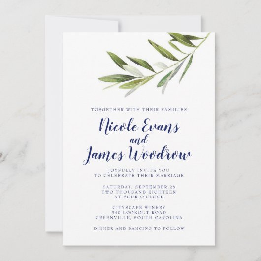 Olive Branch Wedding Invitation for Navy Kaart (Voorkant)