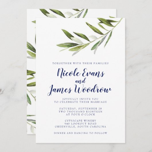 Olive Branch Wedding Invitation for Navy Kaart (Voorkant / Achterkant)