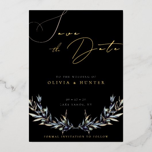 Olive Branch Wedding Save the Date Zwart en Goud Folie Uitnodiging (Voorkant)