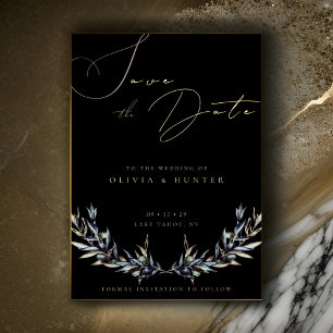 Olive Branch Wedding Save the Date Zwart en Goud Folie Uitnodiging