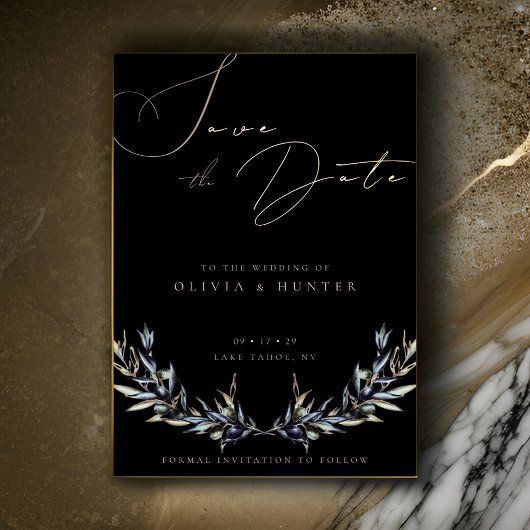 Olive Branch Wedding Save the Date Zwart en Goud Folie Uitnodiging