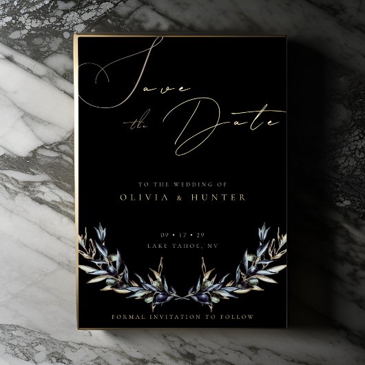 Olive Branch Wedding Save the Date Zwart en Goud Folie Uitnodiging