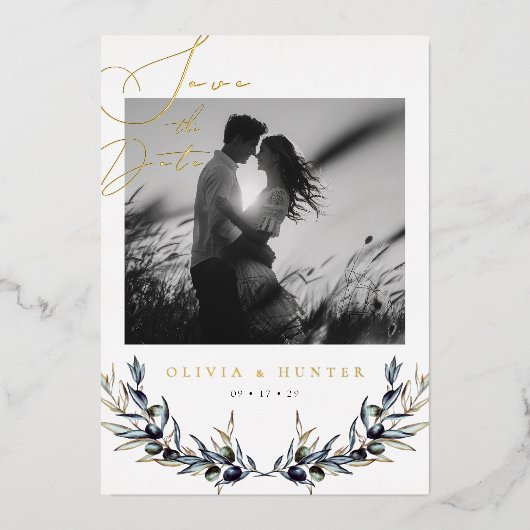 Olive Branch Wedding Save the Date Zwart-wit Folie Uitnodiging (Voorkant)