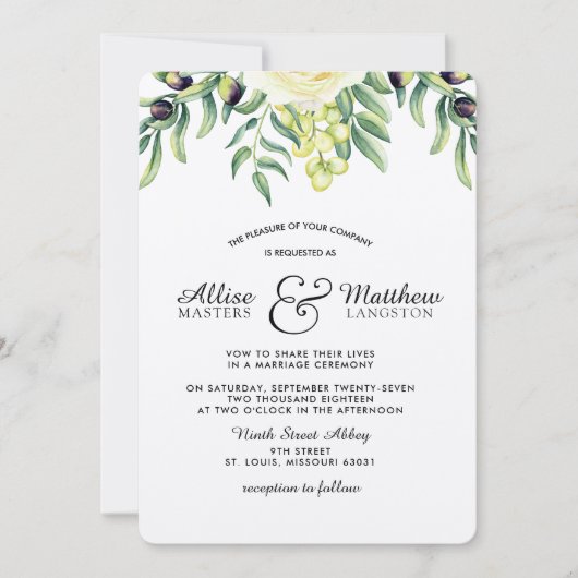 Olive Branch Witte Roos Huwelijksuitnodiging Kaart (Voorkant)