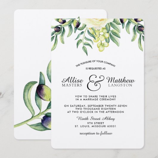 Olive Branch Witte Roos Huwelijksuitnodiging Kaart (Voorkant / Achterkant)