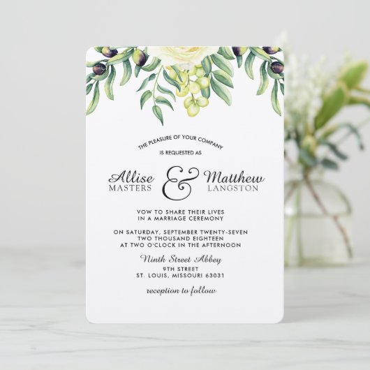 Olive Branch Witte Roos Huwelijksuitnodiging Kaart (Staand voorkant)