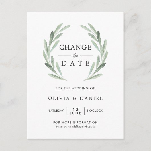 Olive Branch Wreath Wedding verander de datum Briefkaart (Voorkant)