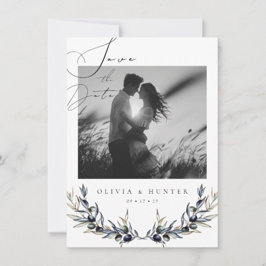 Olive Branch Zwart-wit bruiloft Save the Date (Voorkant)