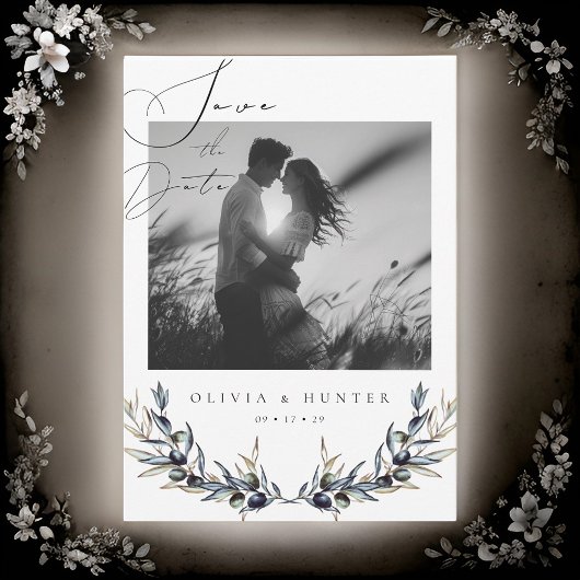 Olive Branch Zwart-wit bruiloft Save the Date