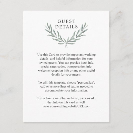 Olive Branches Laurel Wreath Gastengegevens Informatiekaartje (Voorkant)