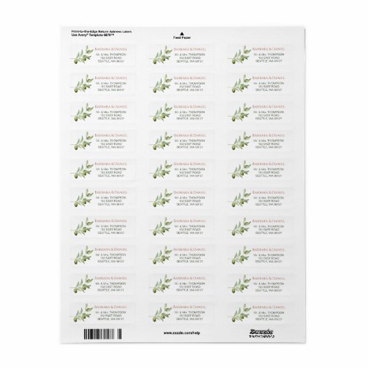 Olive Branches Waterverf Rustic Wedding Address Etiket (Full Sheet)