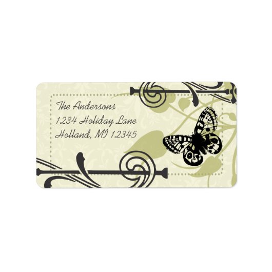 Olive Butterfly Swirl Whimsical Return Address Etiket (Voorkant)