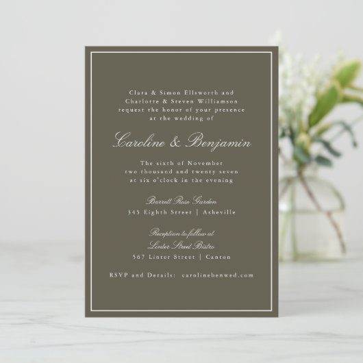 Olive Classic Border Script Elegant Wedding RSVP Kaart (Staand voorkant)