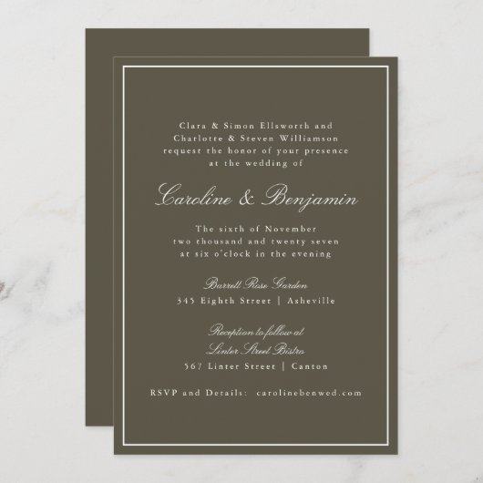 Olive Classic Border Script Elegant Wedding RSVP Kaart (Voorkant / Achterkant)