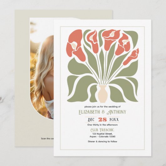 Olive & Coral Klei Abstract Bloem Boho Bruiloft Kaart (Voorkant / Achterkant)