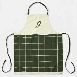 Olive Cream Grid Square Pattern Monogram Initiaal Schort
