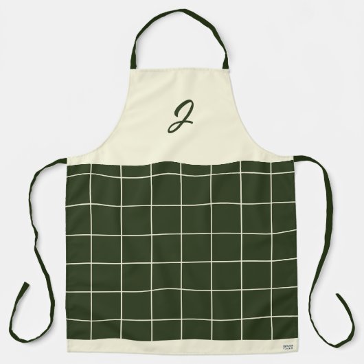 Olive Cream Grid Square Pattern Monogram Initiaal Schort (Voorkant)