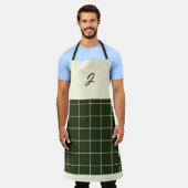 Olive Cream Grid Square Pattern Monogram Initiaal Schort (Gedragen)