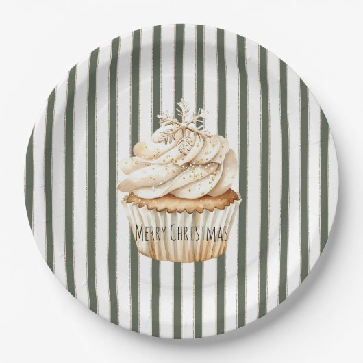 Olive Cream Stripes Snowflake Cupcake Christmas Papieren Bordje (Voorkant)