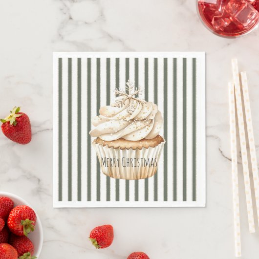 Olive Cream Stripes Snowflake Cupcake Christmas Servet (Insitu)