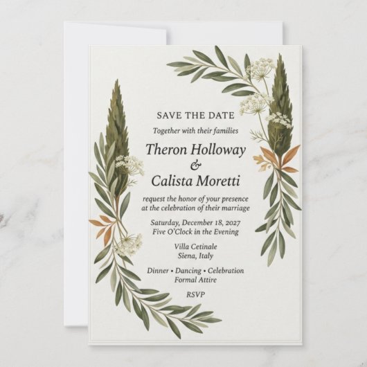 Olive & Cypress Botanische Elegante Save the Date Kaart (Voorkant)