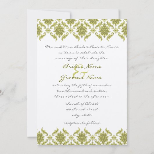 Olive Damask Monogram bruiloft uitnodiging (Voorkant)