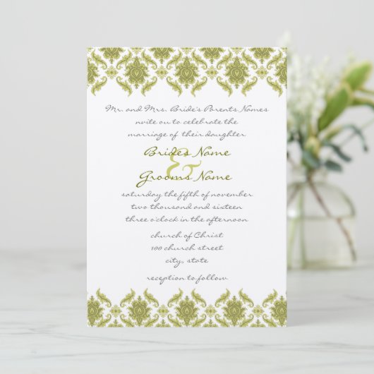 Olive Damask Monogram bruiloft uitnodiging (Staand voorkant)