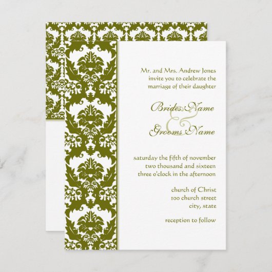 Olive Damask Wedding Invitations Kaart (Voorkant / Achterkant)