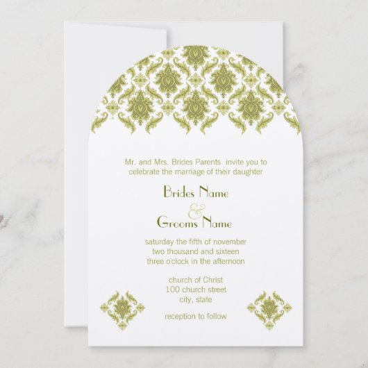 Olive Damask Wedding Uitnodiging (Voorkant)