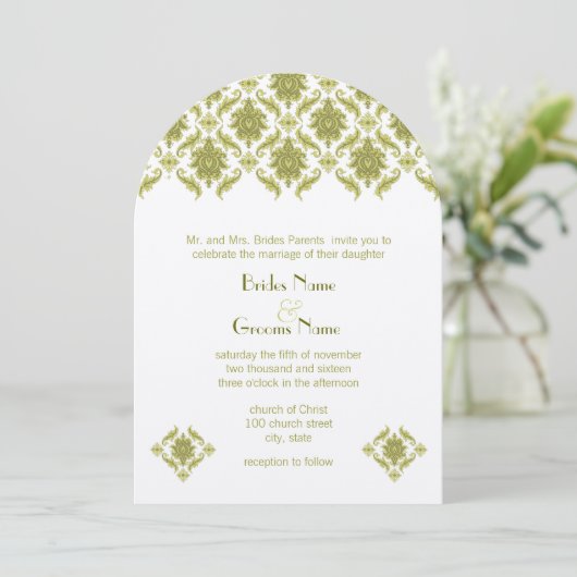 Olive Damask Wedding Uitnodiging (Staand voorkant)
