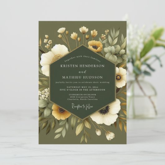 Olive Earthy Botanical Wedding Kaart (Staand voorkant)
