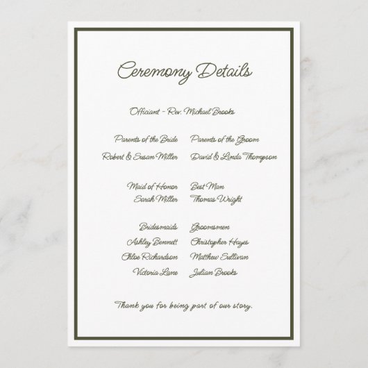 Olive Floral Wedding Programmakaart (Achterkant)