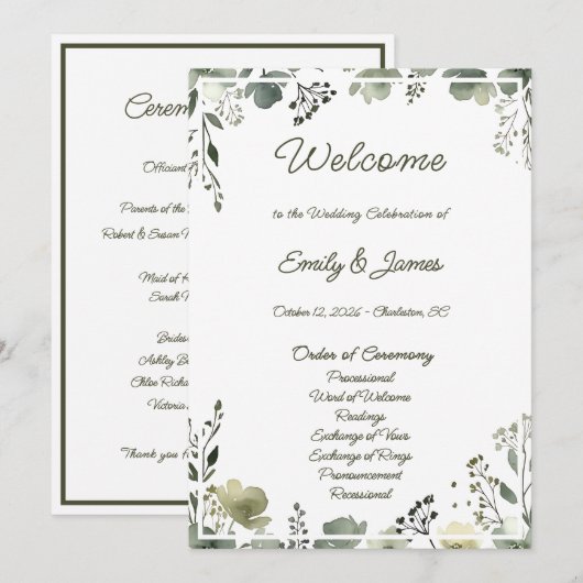 Olive Floral Wedding Programmakaart (Voorkant / Achterkant)