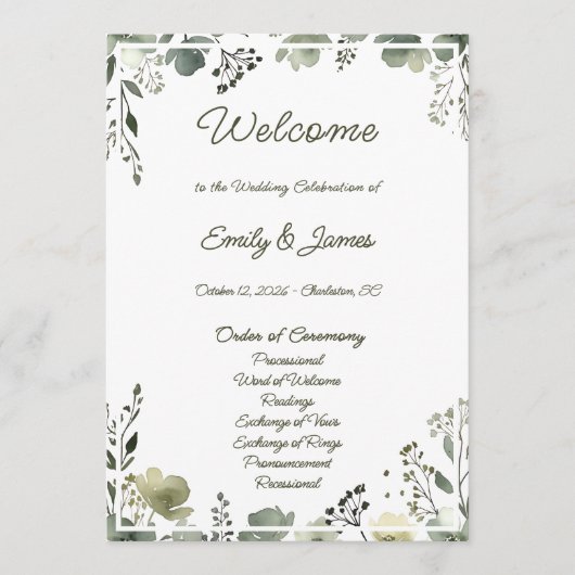 Olive Floral Wedding Programmakaart (Voorkant)